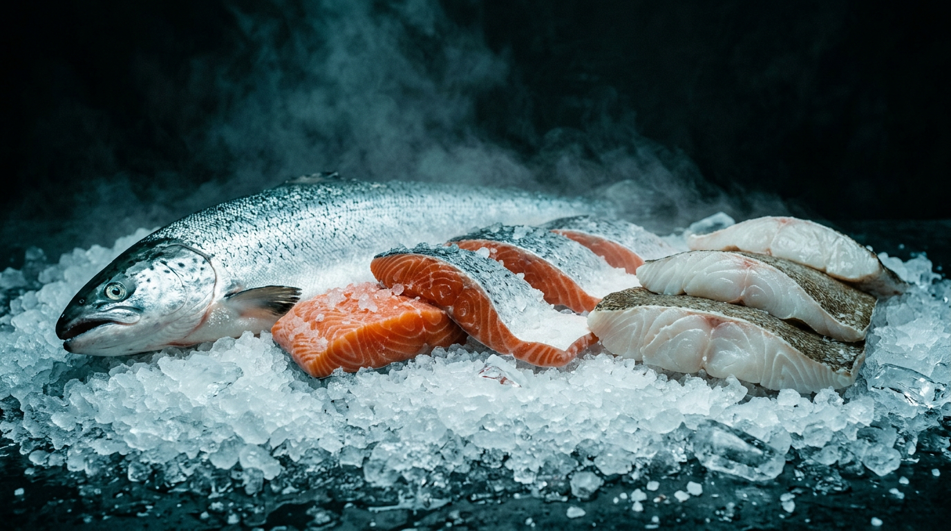 Fresh wild salmon and turbot fillets on crushed ice