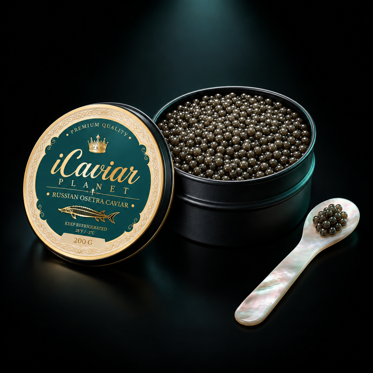 iCaviar Planet Russian Osetra caviar with its teal and gold labeled lid and a mother-of-pearl spoon