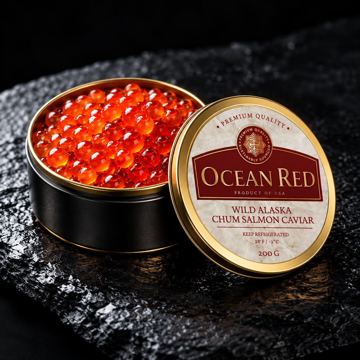 Ocean Red Wild Alaska Chum Salmon Caviar beside its burgundy and gold labeled lid